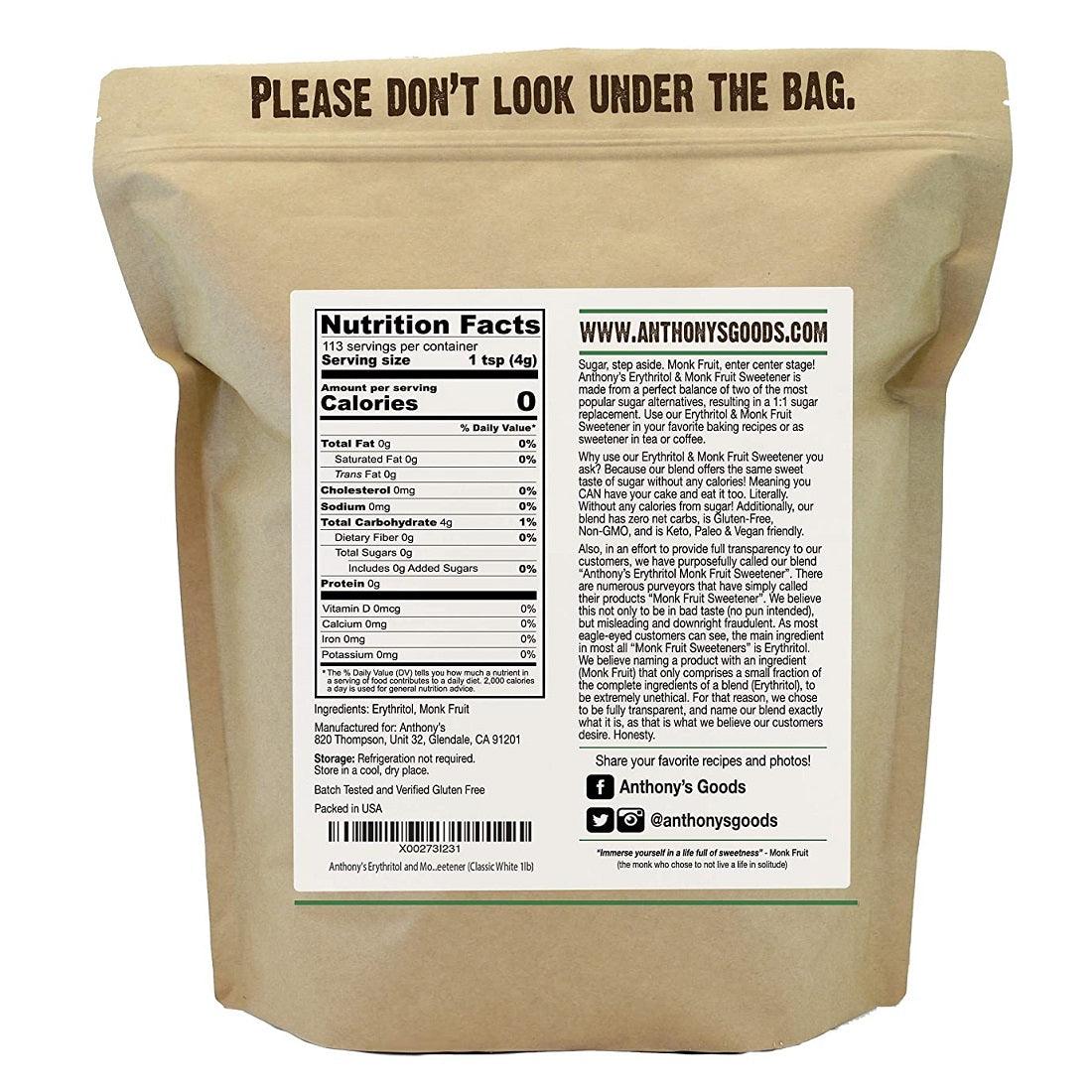 Anthony’s Erythritol & Monk Fruit Sweetener 454g