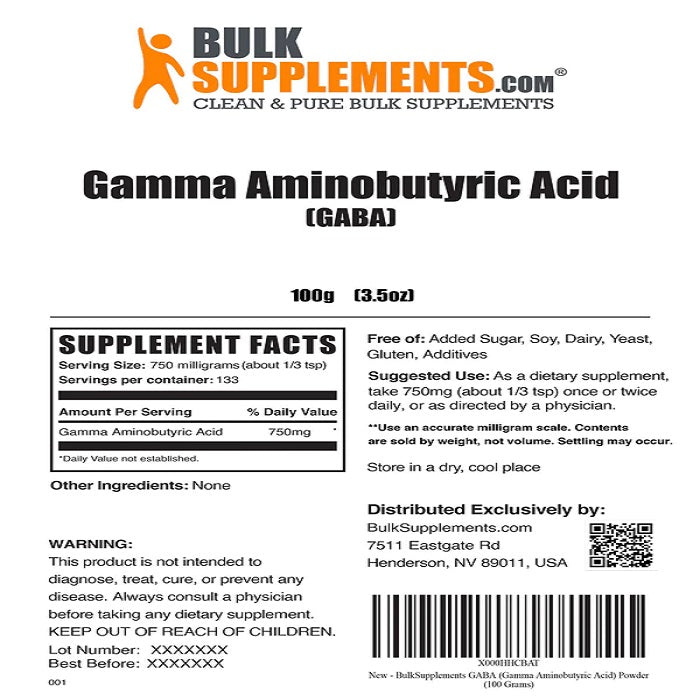 BULKSUPPLEMENTS GABA 750mg - 3.5 oz