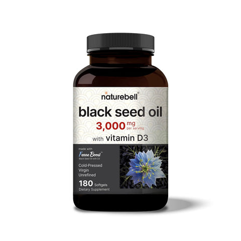 زيت الحبة السوداء النقي بكر مع فيتامين د3 180 كبسولة - NatureBell Black Seed Oil with Vitamin D3  180 Caps
