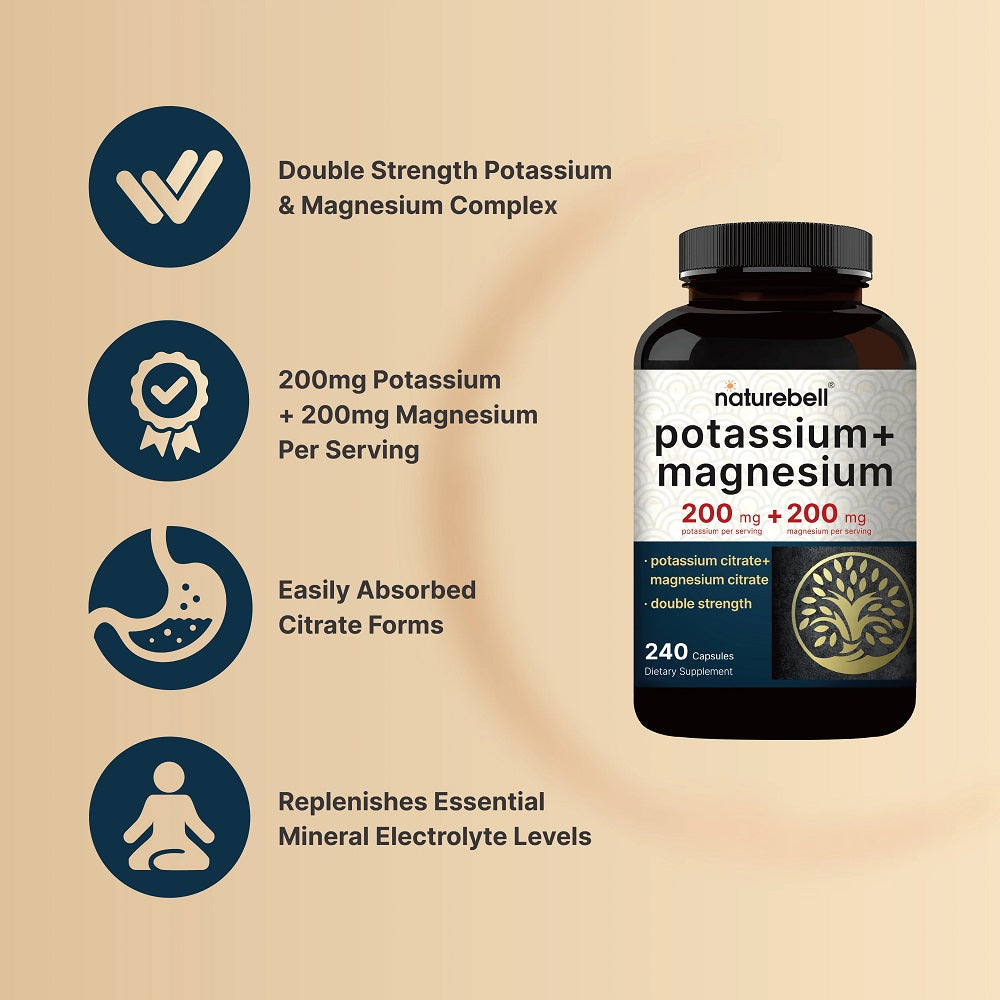 NatureBell Potassium & Magnesium Citrate 200mg - 240 Capsules