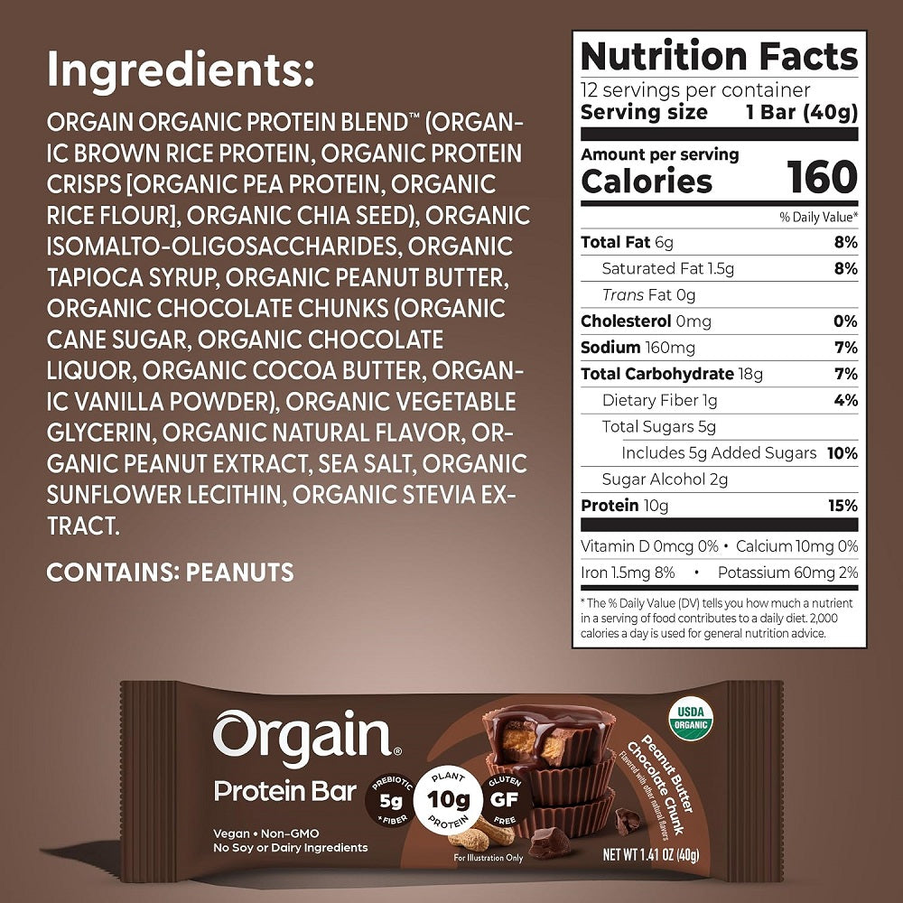 Orgain Protein Bar Peanut Butter Chocolate Chunk 12 Bars