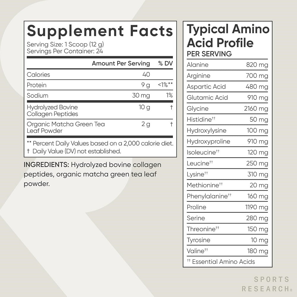 Sports Research Collagen Peptides Powder with Organic Matcha Green Tea
