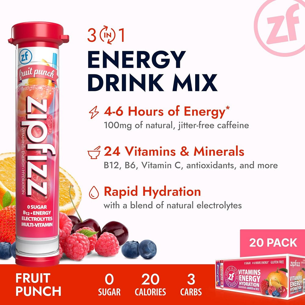 Zipfizz Energy Drink Mix Fruit Flavor 20 Tubes