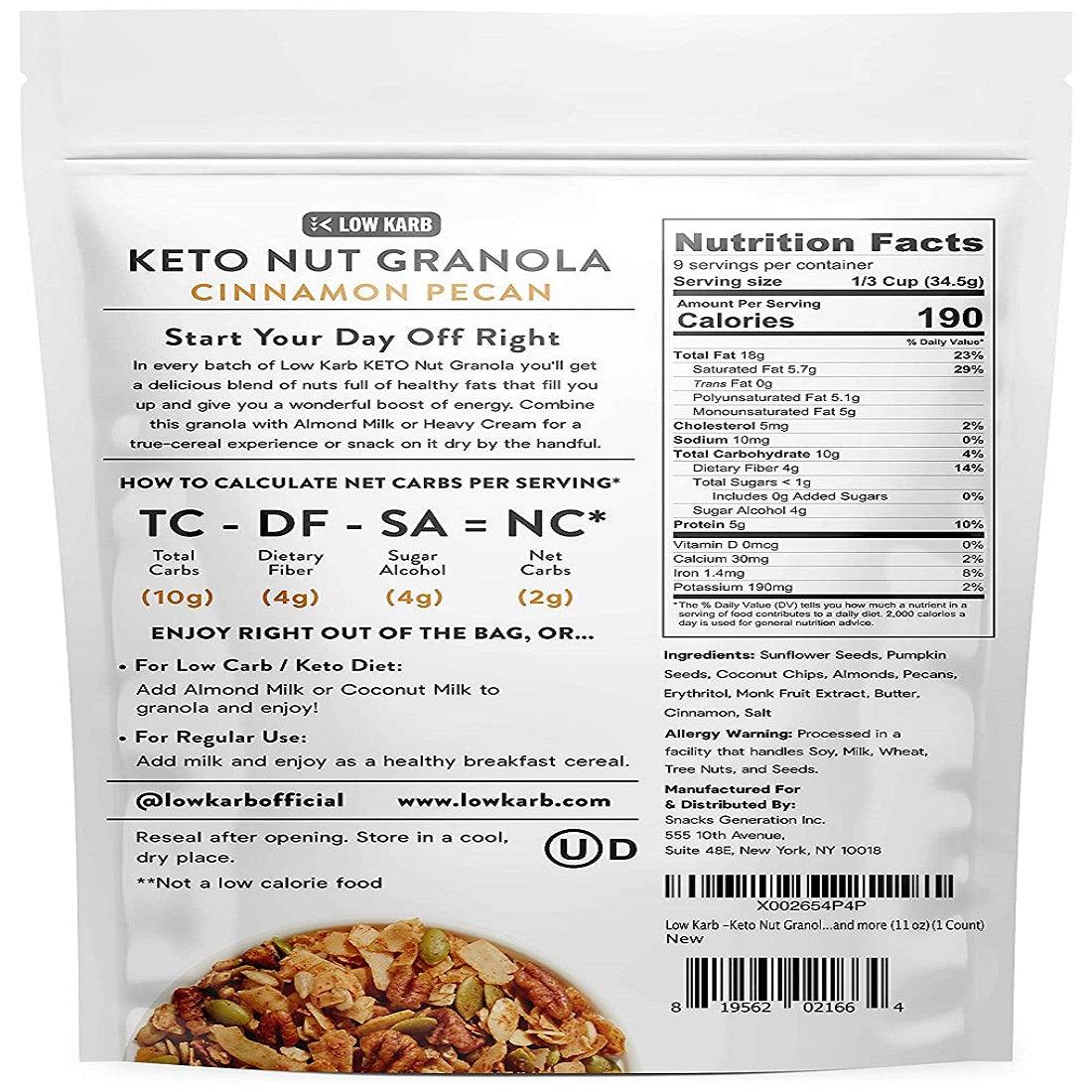 Low Karb Keto Nut Granola Cinnamon Pecan 11 OZ