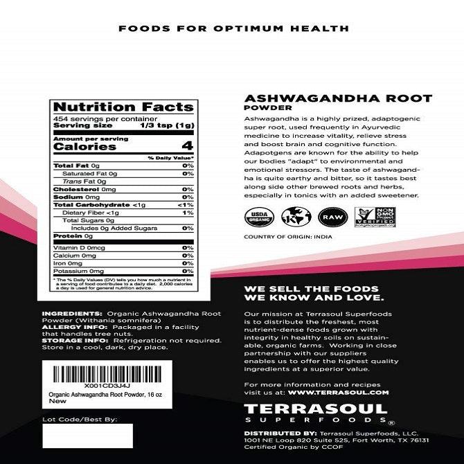 Terrasoul Superfoods Organic Ashwagandha Root Powder, 1 Lb