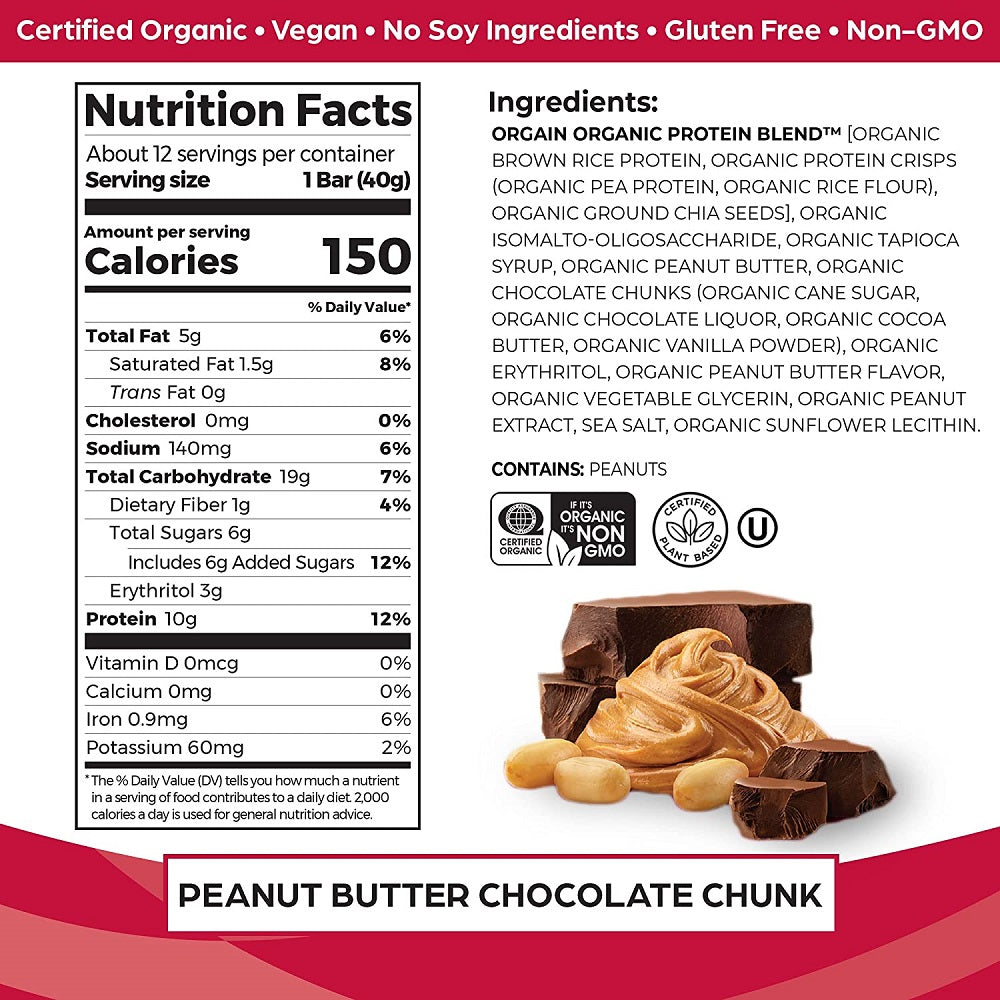 Orgain Protein Bar, Peanut Butter Chocolate Chunk 12 Count